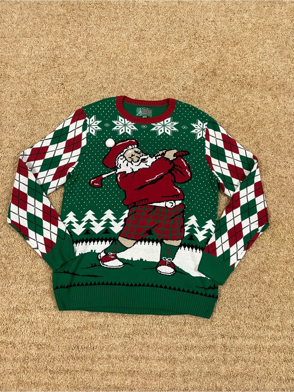Men’s Ugly Christmas Sweater Santa Golfing Green Red & White Crewneck 2XLT